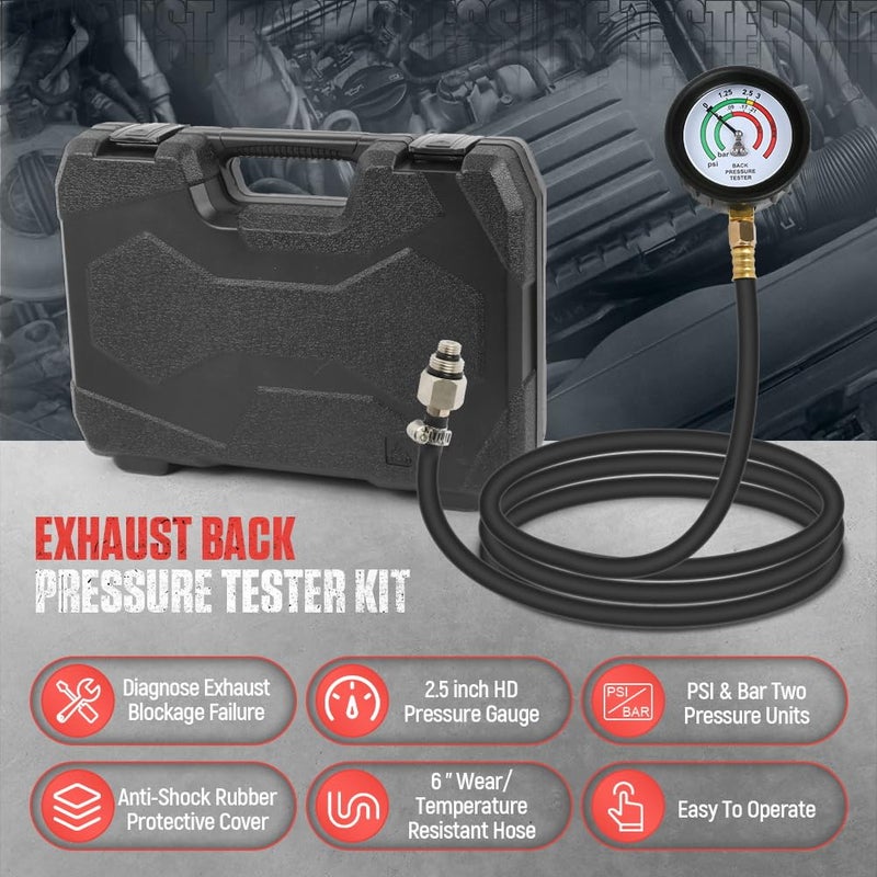 DUOYI Exhaust Back Pressure Tester Kit with Carrying Case,Professional Automotive Exhaust Back Pressure Gauge Kit with 6-Foot Hose,2.5" HD Gauge,M12 & M18 Adapter - Image 2
